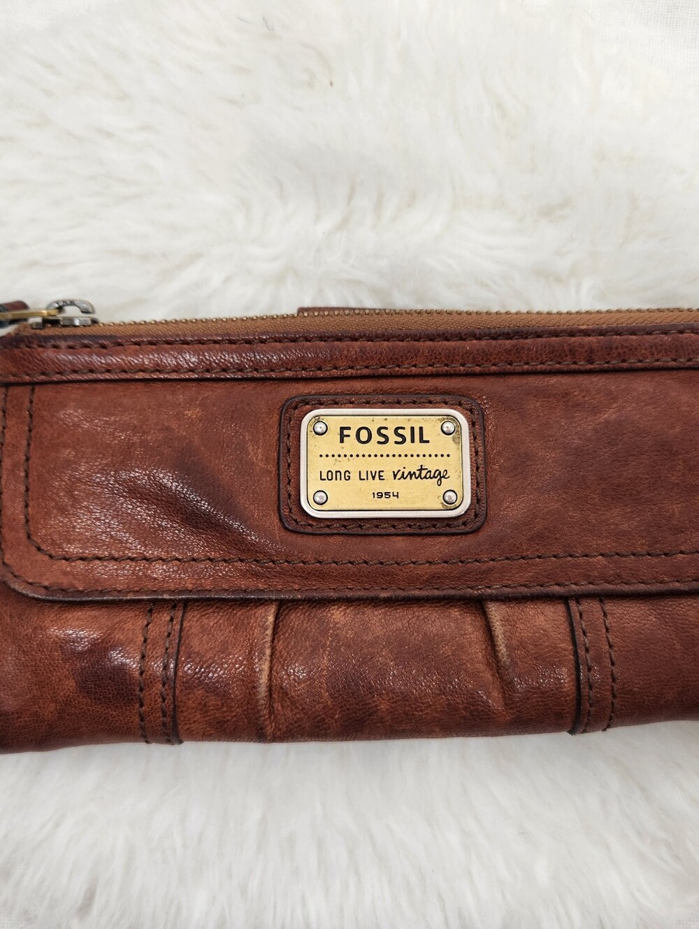 Fossil Womens Brown Soft Leather Bifold Wallet Snap Zipper
